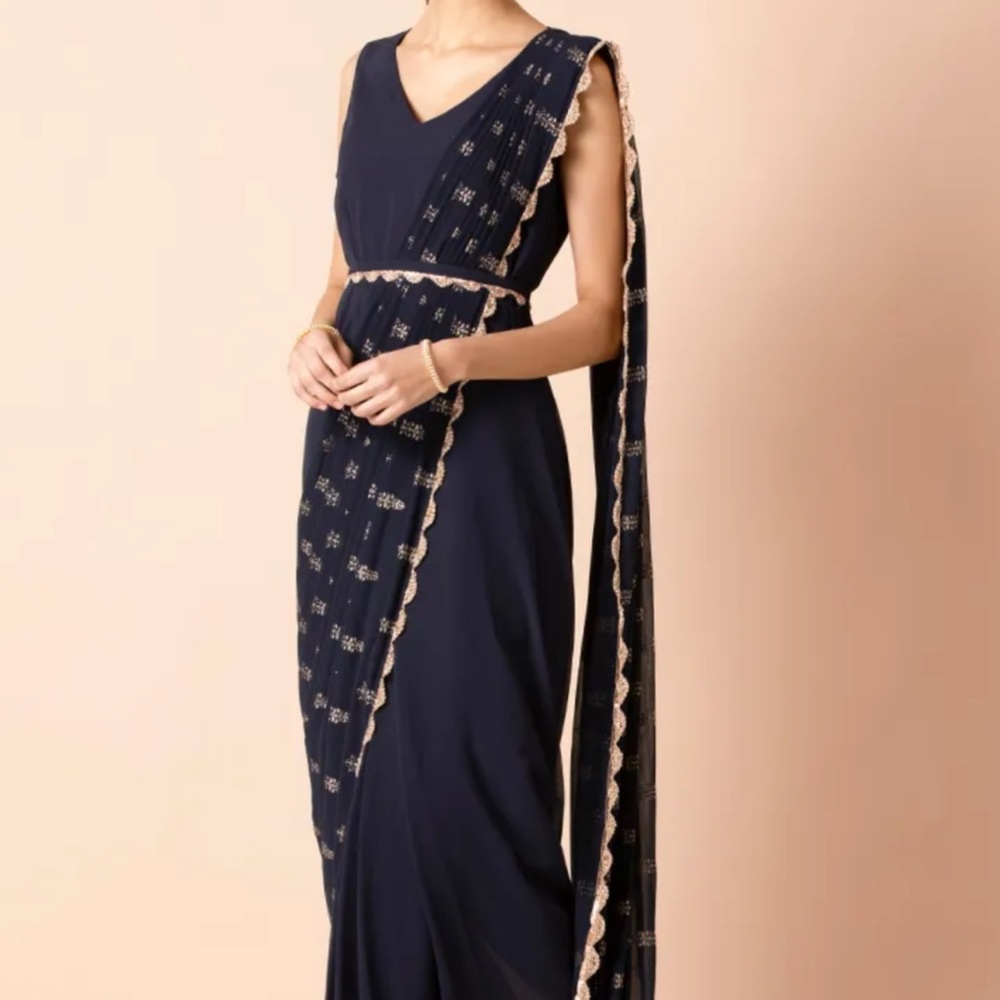 Indya Navy Pre-Stitched Saree - Size Medium